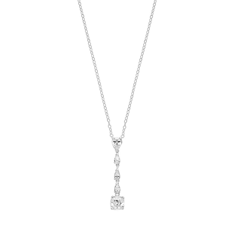 Rhodium Plated Silver Multi Pear & Cushion CZ Pendant Necklet