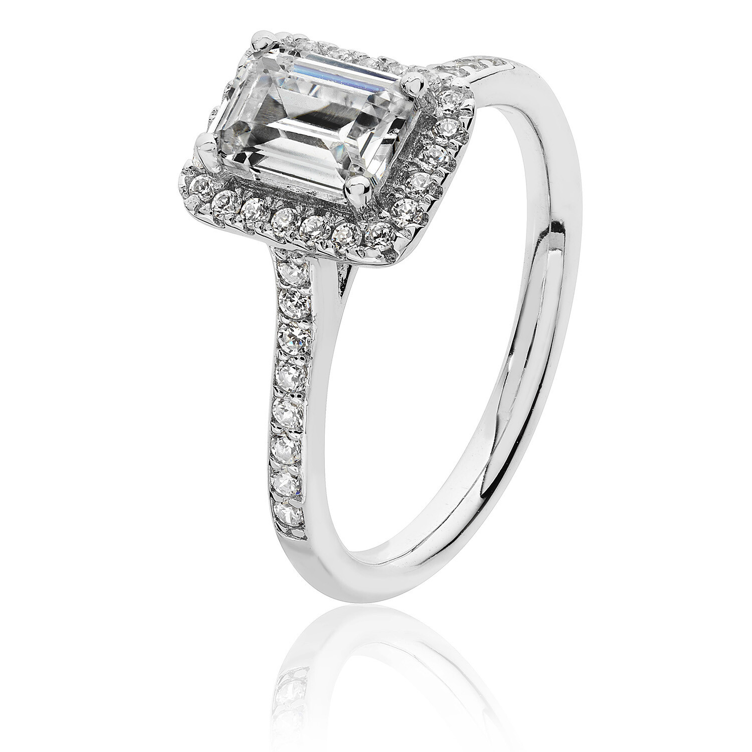 Rhodium Plated Small Claw Emerald Cut Halo CZ Ring Rhodium Plated Small Claw Emerald Cut Halo CZ Ring