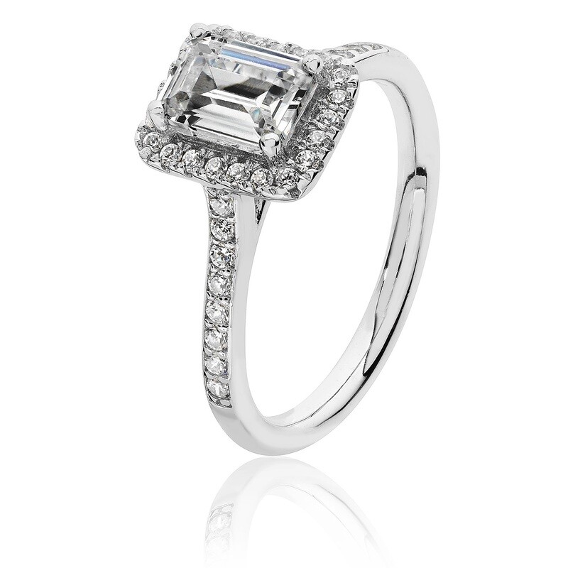 Rhodium Plated Small Claw Emerald Cut Halo CZ Ring