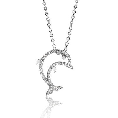 Rhodium Plated Open Dolphin CZ Pendant & Chain