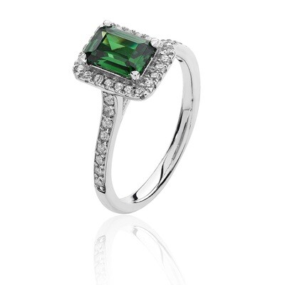 Rhodium Plated Small Claw Emerald Cut Halo Green CZ Ring