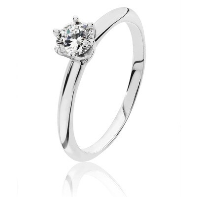 Rhodium Plated Silver 5mm Round 6 Claw Solitaire CZ Ring