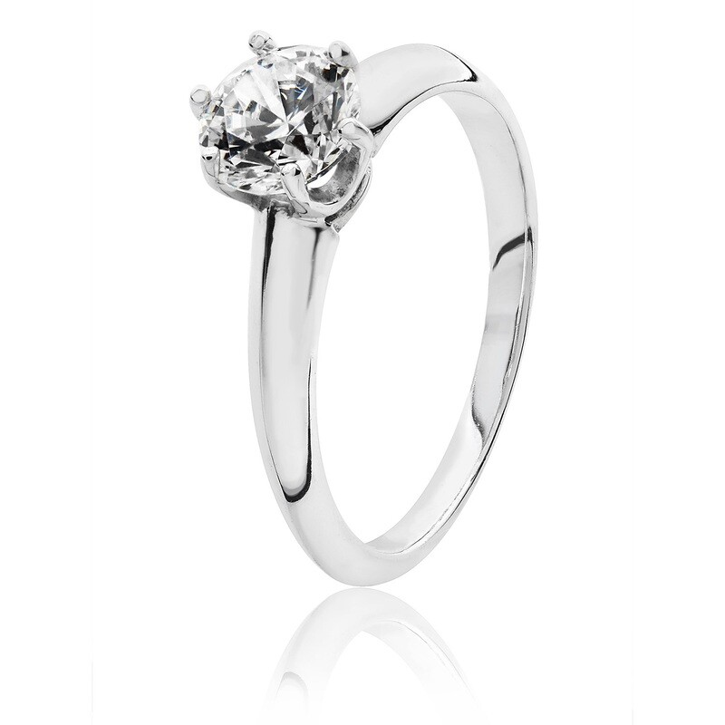 Rhodium Plated Silver 6.5mm Round 6 Claw Solitaire CZ Ring