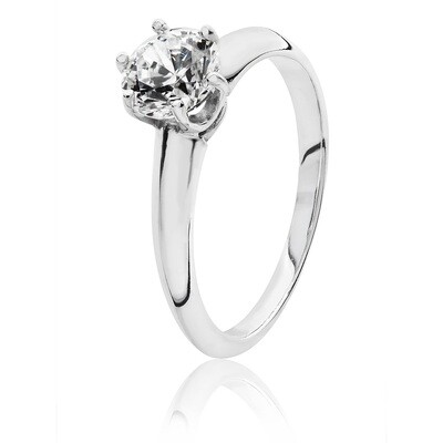 Rhodium Plated Silver 6.5mm Round 6 Claw Solitaire CZ Ring