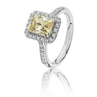 Rhodium Plated Large Claw Emerald Cut Halo Yellow CZ Ring
