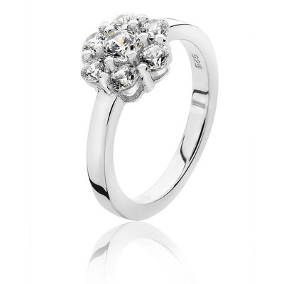 Rhodium Plated Silver Round Cluster CZ Ring