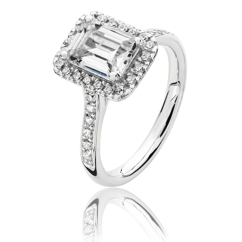 Rhodium Plated Large Claw Emerald Cut Halo CZ Ring