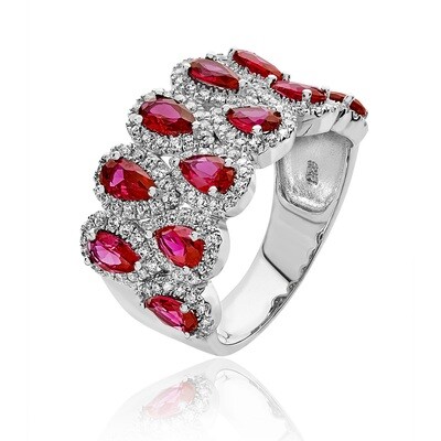 Rhodium Plated Silver Multi Pear Shape Red & White CZ Ring