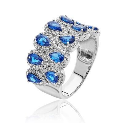 Rhodium Plated Silver Multi Pear Shape Blue & White CZ Ring
