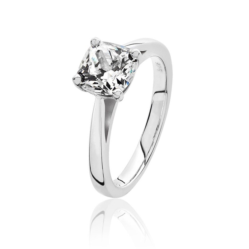 Rhodium Plated Silver 4 Claw Set 7mm Cushion CZ Ring