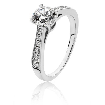 Rhodium Plated Silver 6.5mm Round 6 Claw & Shoulder Set Solitaire CZ Ring