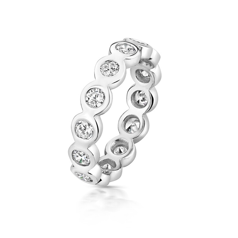 Rhodium Plated Silver Flat Rubover Full Set CZ Eternity Ring