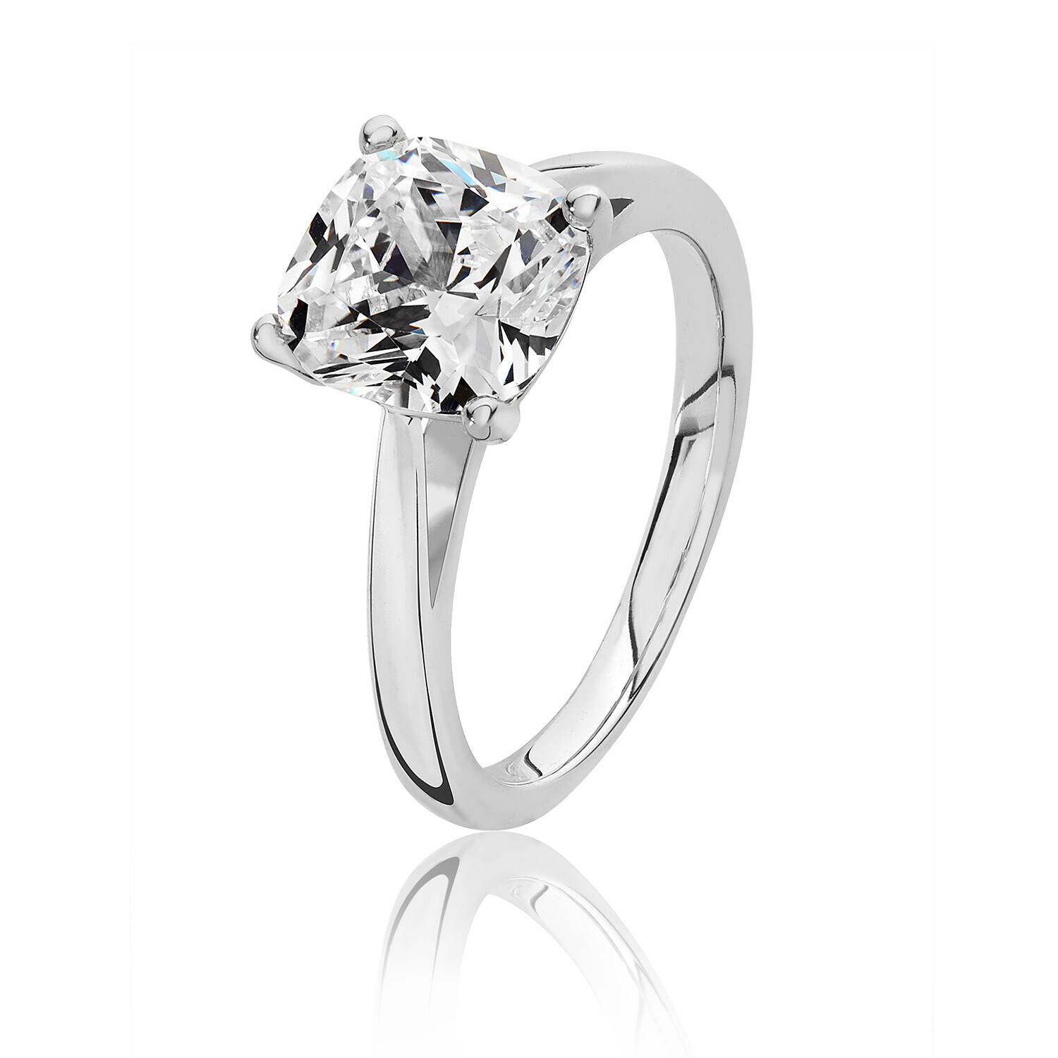 Rhodium Plated Silver 4 Claw Set 8mm Cushion CZ Ring