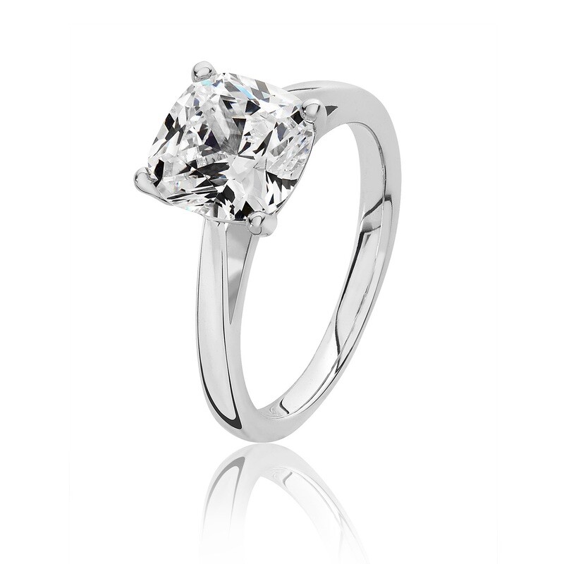 Rhodium Plated Silver 4 Claw Set 8mm Cushion CZ Ring