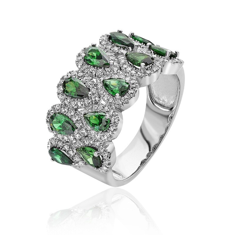 Rhodium Plated Silver Multi Pear Shape Green & White CZ Ring