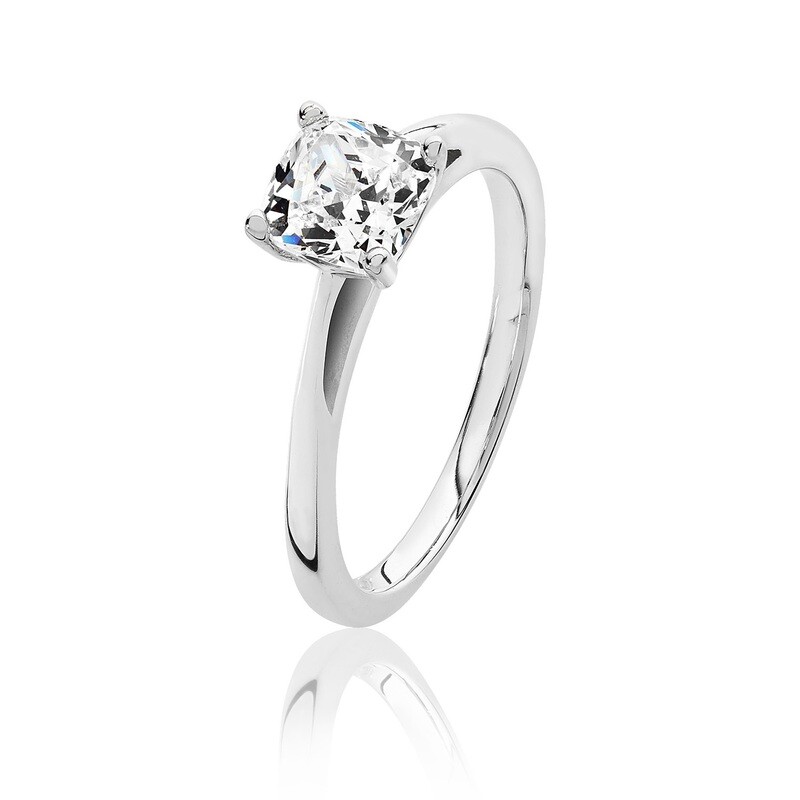 Rhodium Plated Silver 4 Claw Set 6mm Cushion CZ Ring