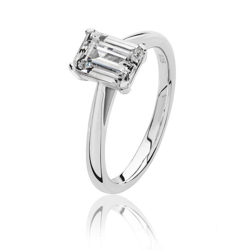 Rhodium Plated Silver 4 Claw 8x6mm Emerald Cut Cushion CZ Ring