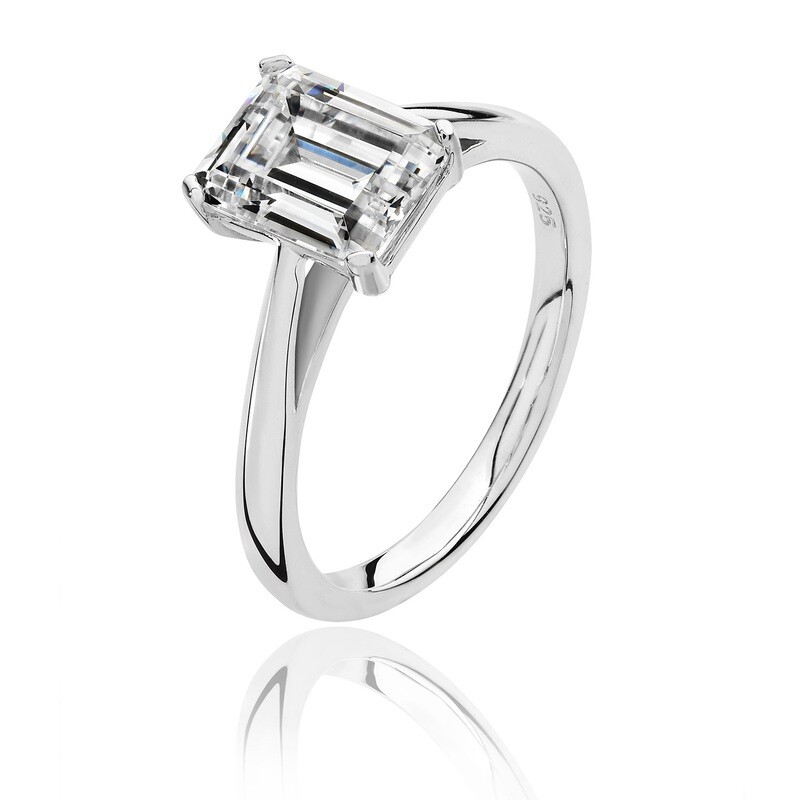 Rhodium Plated Silver 4 Claw 9x7mm Emerald Cut Cushion CZ Ring