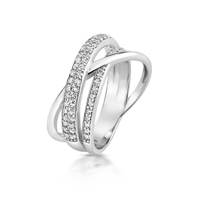 Rhodium Plated Silver Triple Cross Over Ring 2 CZ Grain Bands & 1 Plain Band Ring