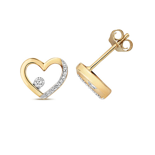 9ct Yellow Gold Diamond Heart Stud Earrings