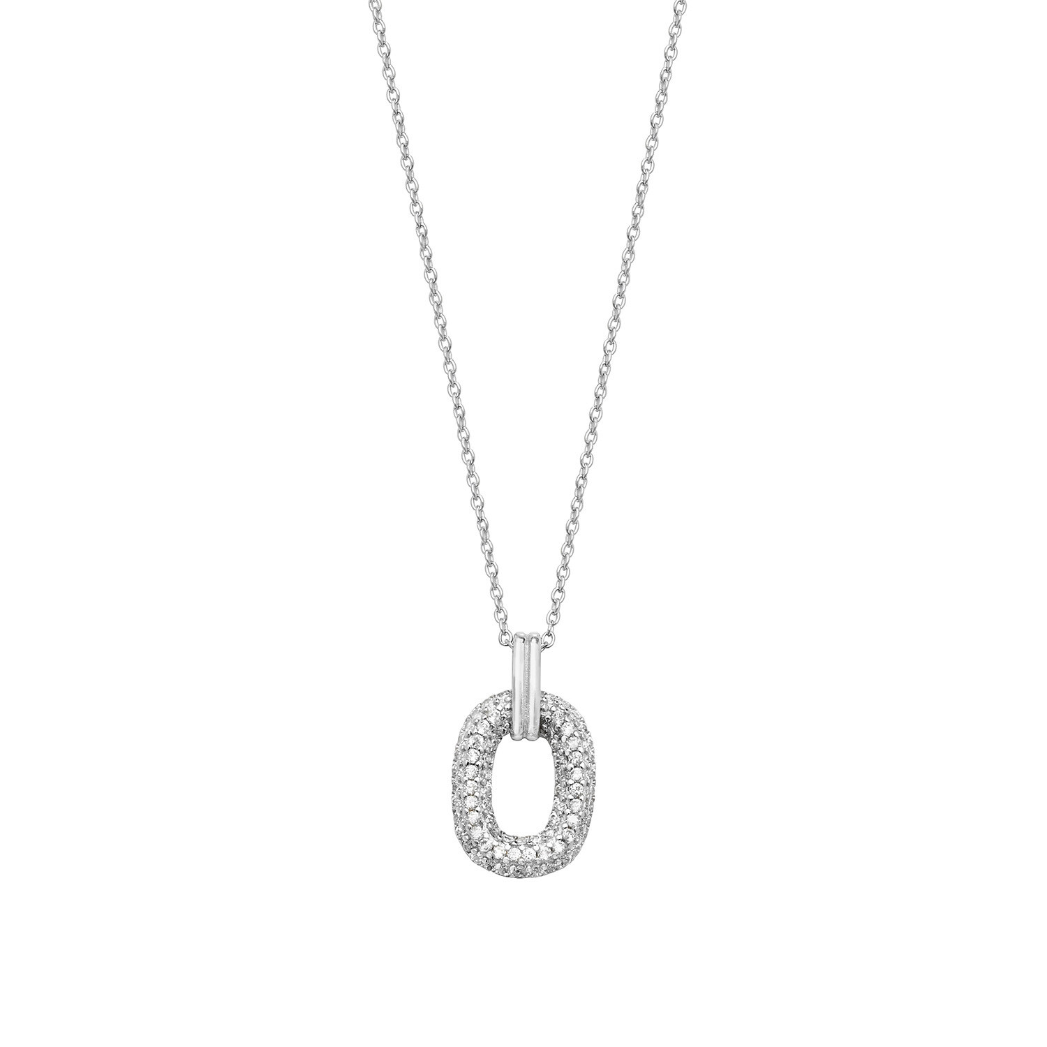 Rhodium Plated Silver Pave Set Open Long Cushion Pendant & Chain