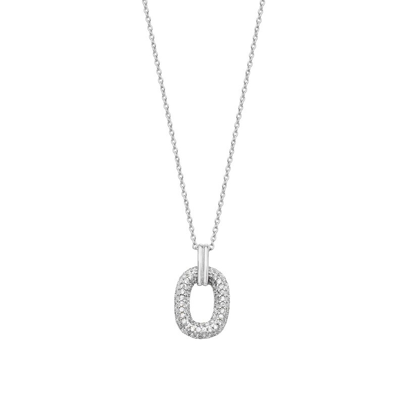 Rhodium Plated Silver Pave Set Open Long Cushion Pendant & Chain