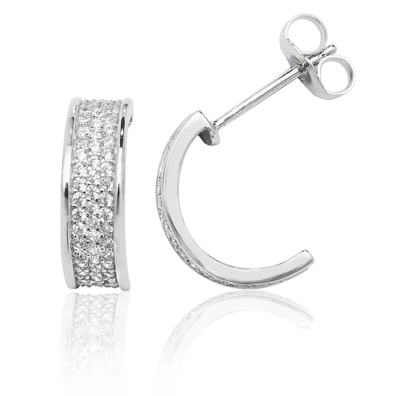 Rhodium Plated  Silver Three Row Pave 1/2 Hoop CZ Stud Earring