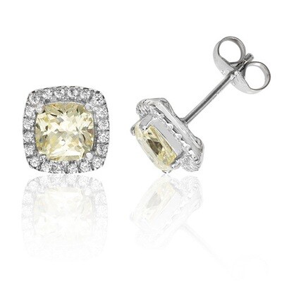 Rhodium Plated Silver Claw Set Halo Style Cushion Yellow CZ Earrings