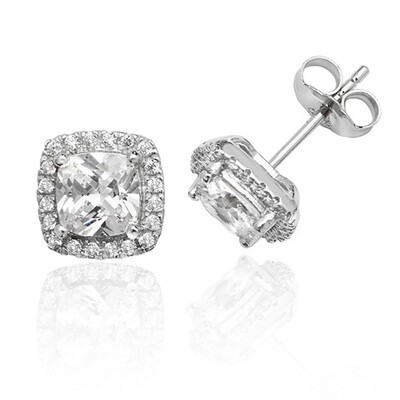 Rhodium Plated Silver Claw Set Halo Style Cushion CZ Earrings