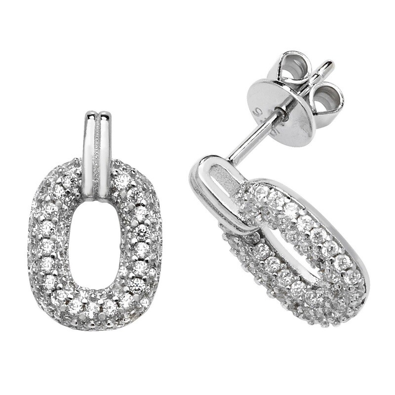 Rhodium Plated Silver Pave Set Open Long Cushion Shape CZ Earrings