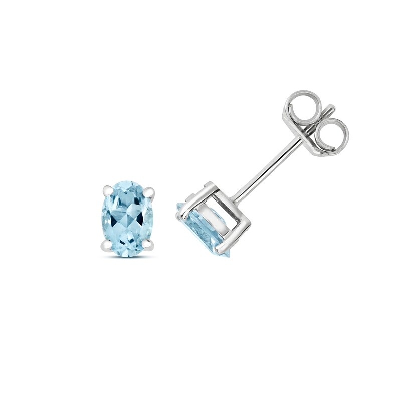 9ct White Gold Oval 6x4 Aquamarine Claw Set Stud Earrings