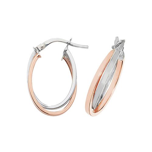 9ct Rose/White Gold Oval Double Hoop Earrings