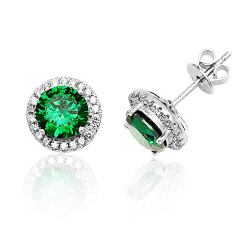 Rhodium Plated Silver Claw Set Halo Style Round Green Stud Earrings Rhodium Plated Silver Claw Set Halo Style Round Green Stud Earrings