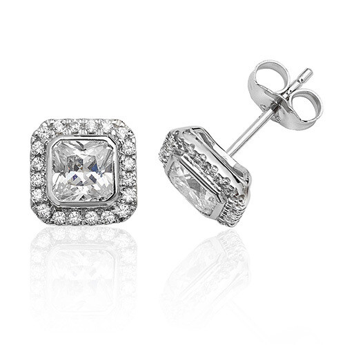 Rhodium Plated Silver Bezel Set Halo Style Square CZ Stud Earrings Rhodium Plated Silver Bezel Set Halo Style Square CZ Stud Earrings