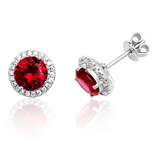 Rhodium Plated Silver Claw Set Halo Style Round Red Stud Earrings Rhodium Plated Silver Claw Set Halo Style Round Red Stud Earrings