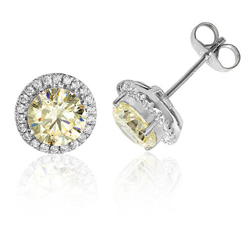 Rhodium Plated Silver Claw Set Halo Style Round Yellow Stud Earrings Rhodium Plated Silver Claw Set Halo Style Round Yellow Stud Earrings