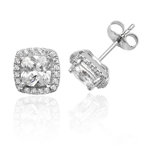 Rhodium Plated Silver Claw Set Halo Style Cushion CZ Earrings Rhodium Plated Silver Claw Set Halo Style Cushion CZ Earrings