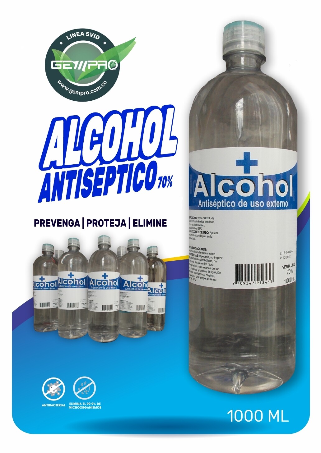 Litro Alcohol Antiséptico 70% Uso Externo