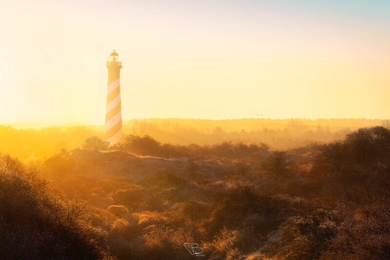 Vuurtoren Burgh-Haamstede in gouden ochtendlicht