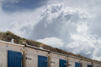 Strandhuisjes en meeuwen aan de kust