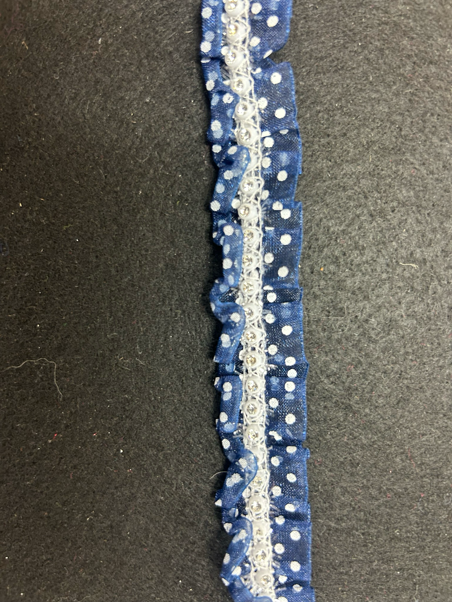 Navy Spot Organza Frill Diamanté Centre