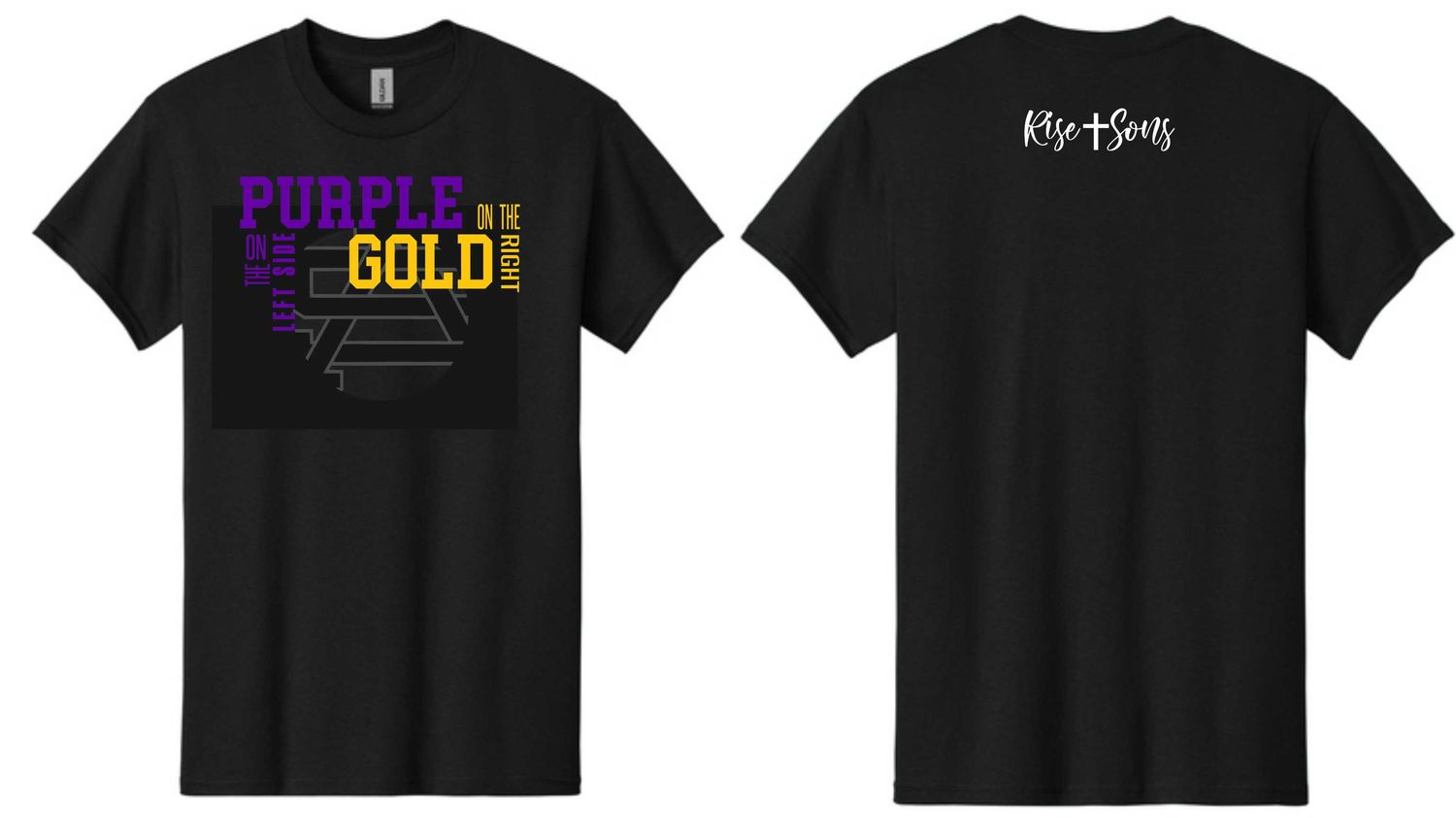 “Purple on Left, Gold on Right” Black T-shirt