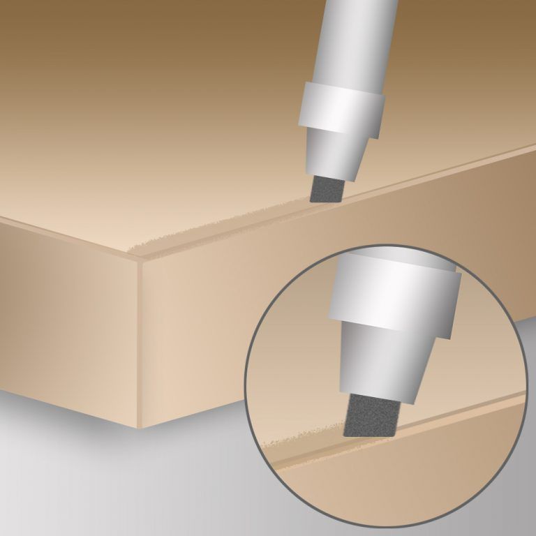 Printec StopGap white pvc edge banding sealer pen being applied to seal the edge of a wood panel laminate furniture board.