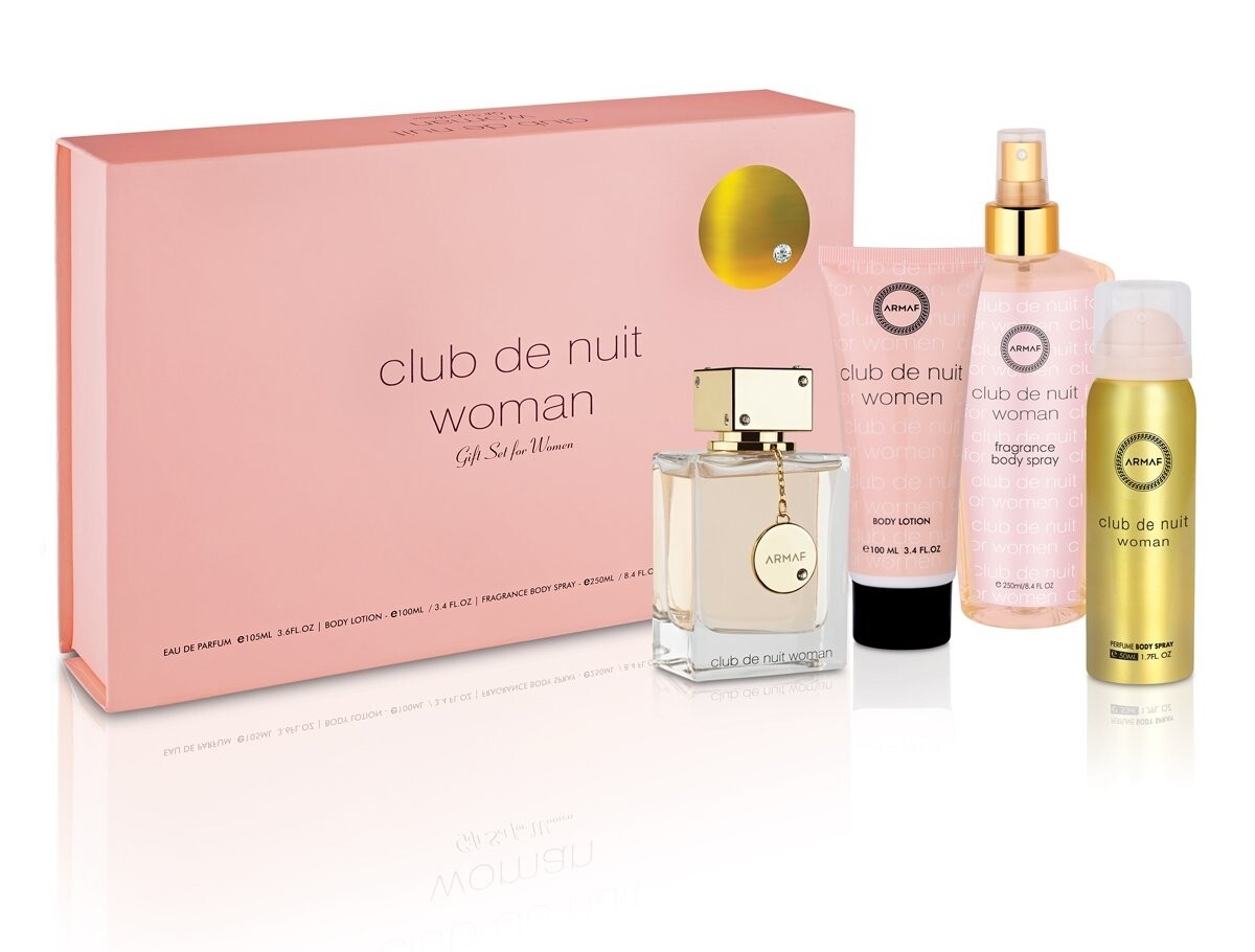 ARMAF CLUB DE NUIT FEMME SET 4PCS / EDP 105ML+BL+PERFUME BODY SPRAY+FRAGANCE BODY MIST