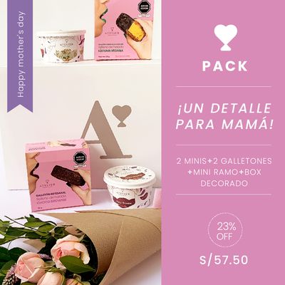 Pack Un detalle para MAMÁ 🤱🏻💜: 2 minis + 2 galletones + mini ramo + box decorado