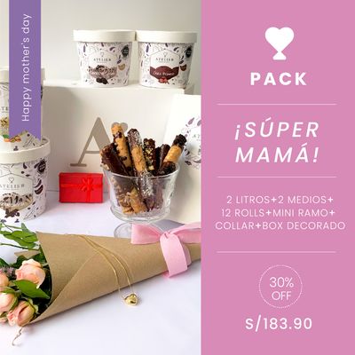 Pack Súper MAMÁ 🦸🏻‍♀️🥰: 2 litros + 2 medios + 12 rolls + 1 mini ramo + 1 collar + box decorado