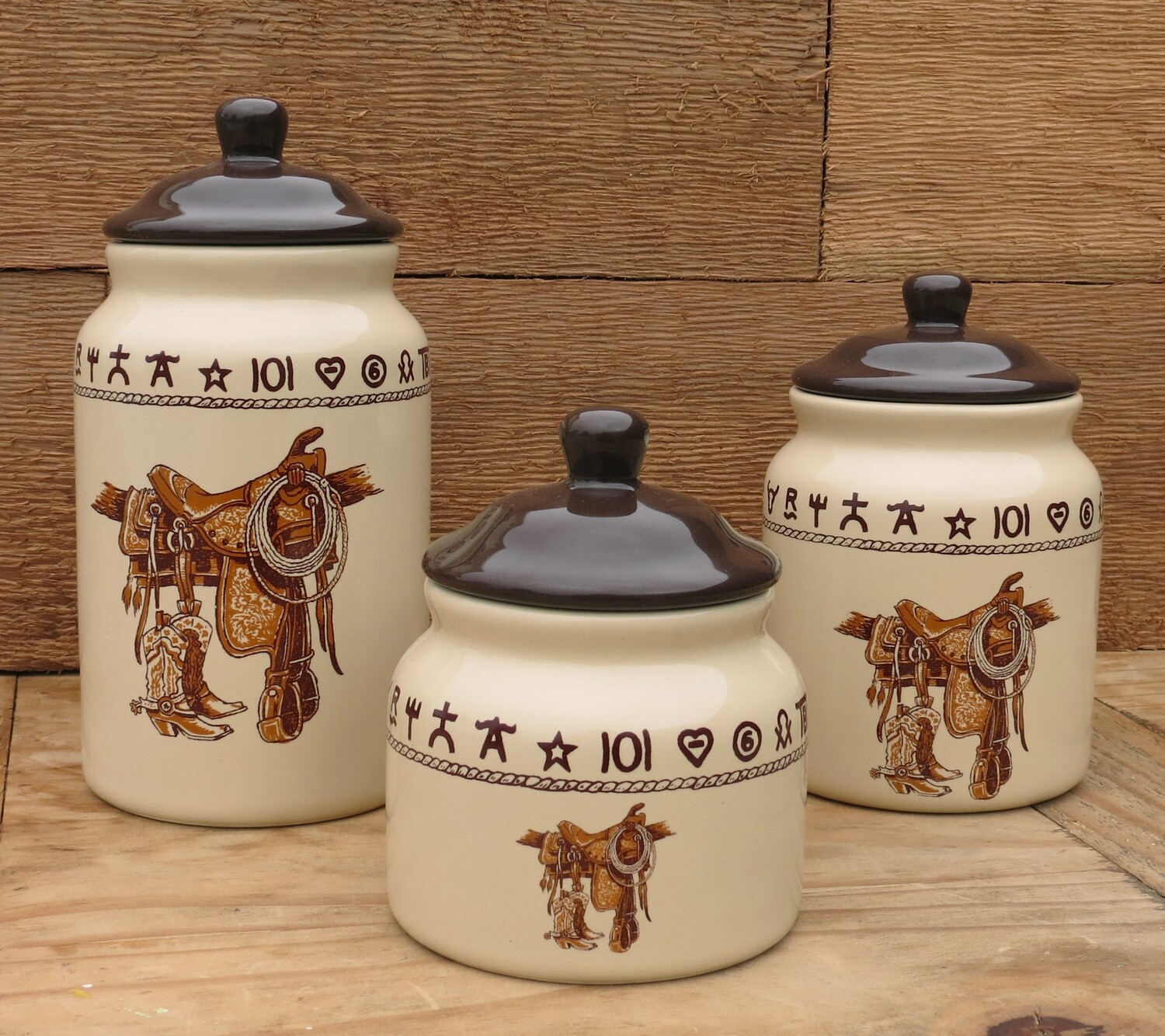 3 piece canister set, boots & saddle