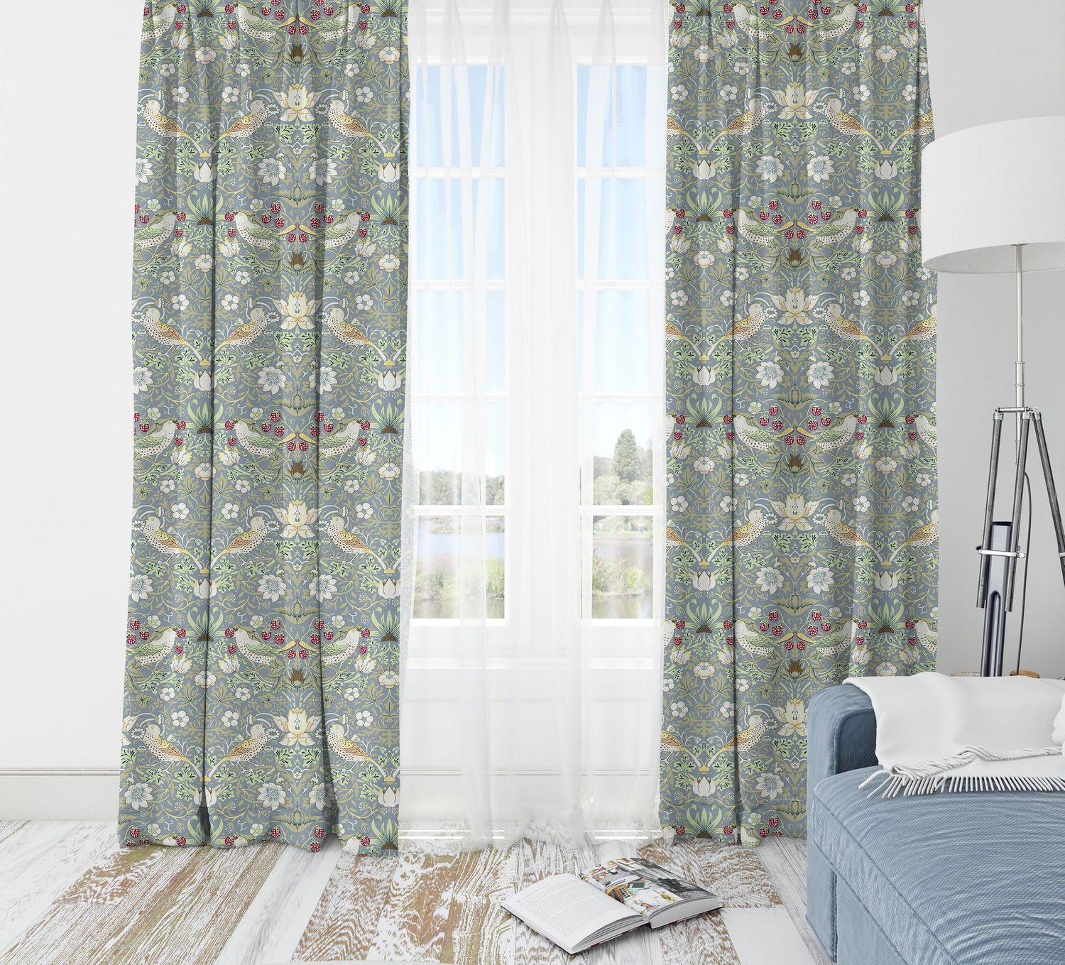 William Morris Strawberry Thief Blue Curtains
