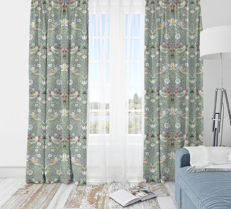 William Morris Strawberry Thief Blue Curtains