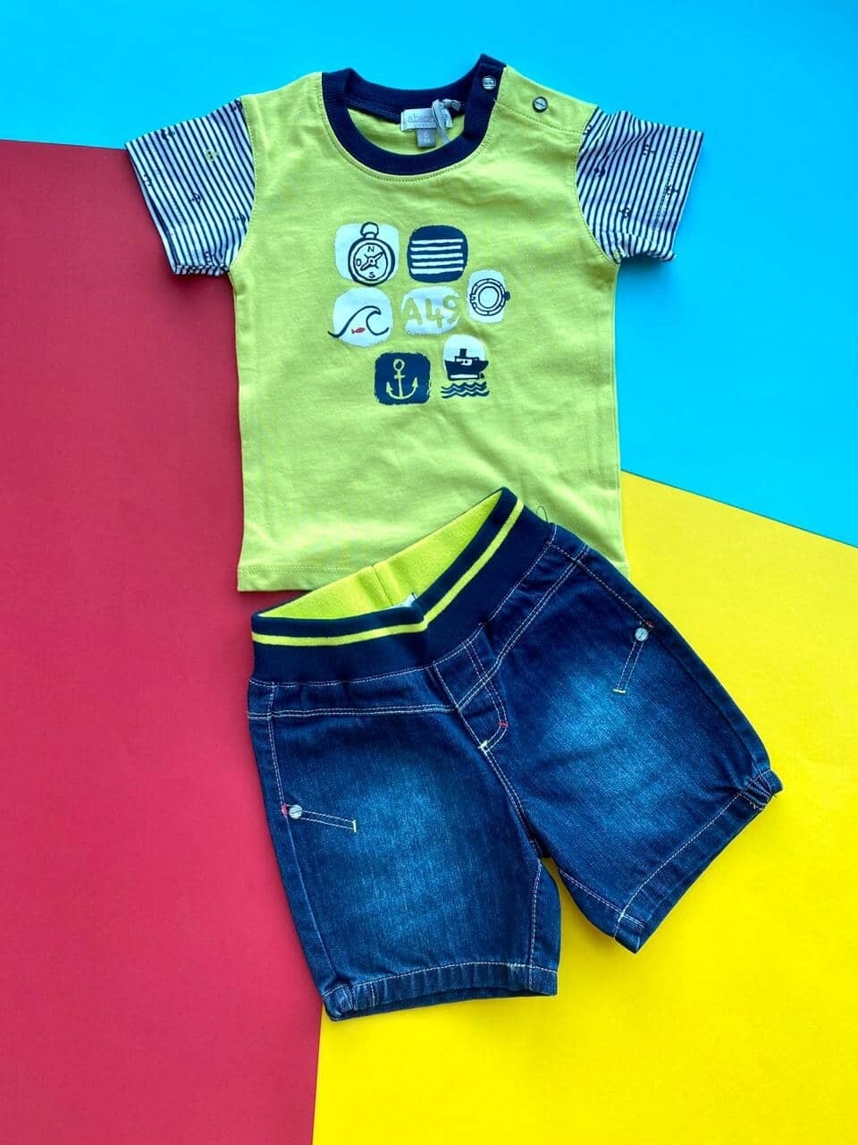 Set short denim tshirt rayas Marine